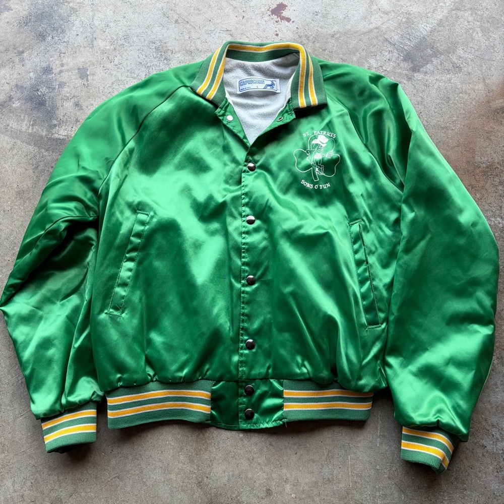 Vintage 80s St.  Patricks Day Leprechaun Bomber Satin Jacket Green
